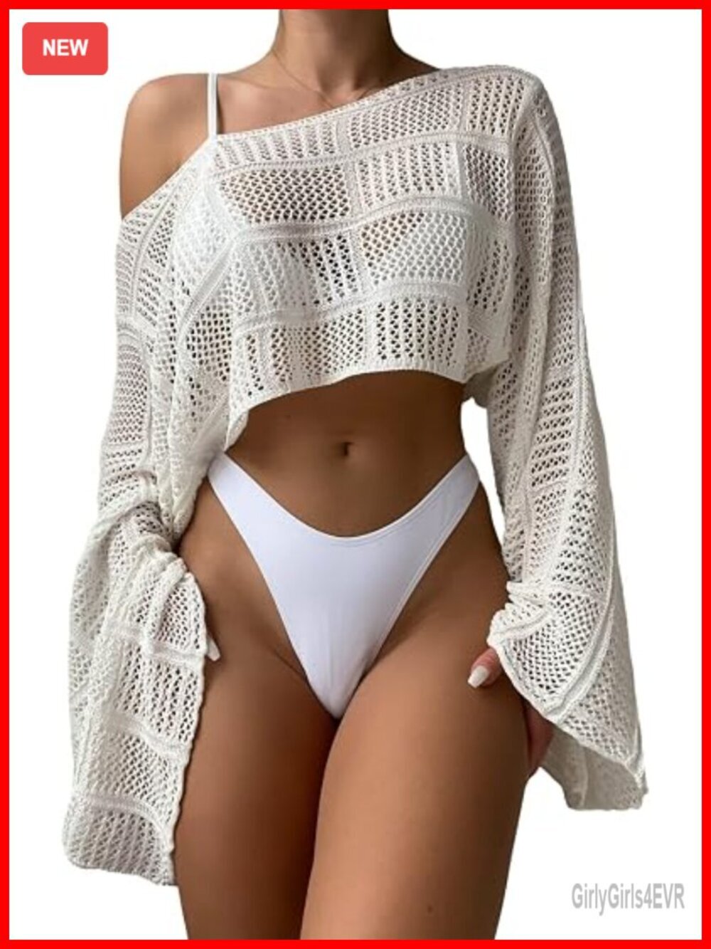 Hollow Out Crop Bikini Cover Up Boat Neck Long Sleeve Crochet Sheer Swimsuit